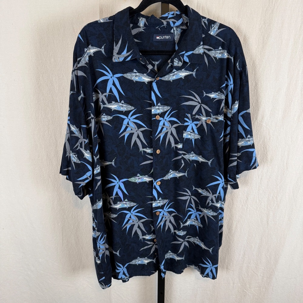 Puritan Mens 2XL Tropical Fish Palm Print Viscose Rayon Hawaiian Shirt Navy Blue